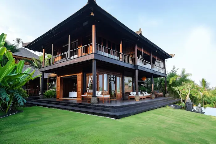 Villa spacieuse à Bali avec piscine privée entourée d’un jardin luxuriant, offrant un cadre idéal pour les familles en quête de tranquillité et de confort.